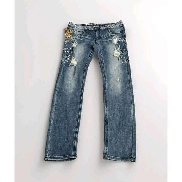 Machine Nouvelle Mode Jeans Size 15 Stretch Straight Leg Blue Distress Bling Y2K - Picture 1 of 12